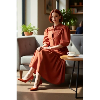 Kadın Düz Kesim Hakim Yaka Balon Kol Nakışlı Midi Elbise Rahat Shift Siluet Dokuma Kumaş Kaliteli