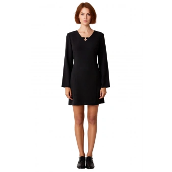 Kadın Düz Kesim Shift Siluet Aksesuar Detaylı V Yaka Uzun Kollu Krep Dokuma Kış Elbisesi Kaliteli