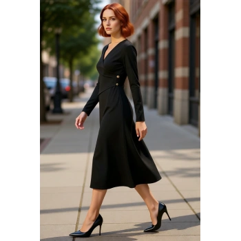 Kadın Düz Kruvaze A Line Maxi Elbise Uzun Kollu V Yaka Düğmeli Örme Tasarım Şıklığı Gündüz Gece