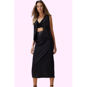 Kadın Düz Midi Etek Kalem Kesim Finike Dokuma Kumaş Astarsız Rahat Günlük Kaliteli Malzeme