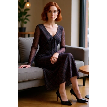 Kadın Ekose Desenli Bodycon Maxi Elbise V Yaka Uzun Kollu Tül Dokulu Bağlama Detaylı Kışlık Şıklık