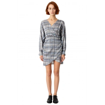 Kadın Ekose Desenli Mini Elbise Bodycon Kesim Kruvaze Yaka Uzun Yarasa Kol Şık Dokuma Saten