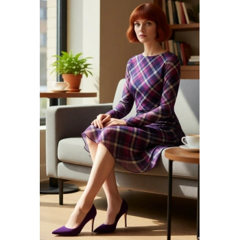 Kadın Ekose Desenli Skater Elbise Bisiklet Yaka Uzun Kollu Astarlı Mini Günlük Şıklık
