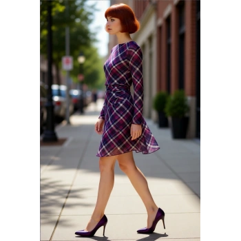 Kadın Ekose Desenli Skater Kalıp Uzun Kollu Astarlı Mini Elbise Modern ve Konforlu Günlük Şıklık