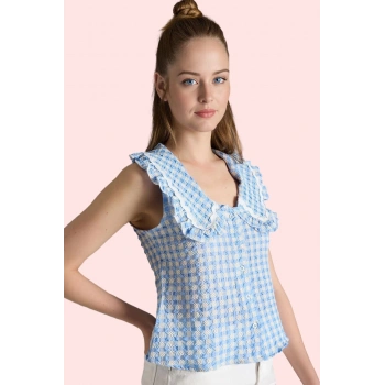 Kadın Ekose Gofre Dokuma Bluz Bebe Yaka Kolsuz Rahat Günlük Hafta Sonu Yaz Aylarının Vazgeçilmezi