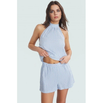 Kadın Ekose Gofre Dokuma Bluz Şort Takım Yazlık Plaj Şık Görünüm Günlük Kullanım İçin