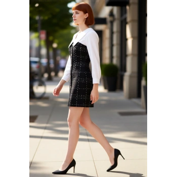 Kadın Ekose Tüvit A Kesim Gömlek Yaka Balon Kol Düğmeli Mini Elbise Şık Kışlık Kombinlerin Gözdesi.