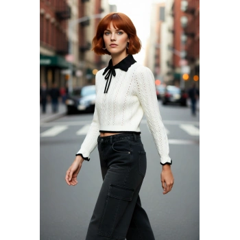 Kadın Ekru Akrilik Ajurlu Triko Kazak Polo Yakalı Fiyonk Detaylı Crop Boy Modern Stil Kaliteli