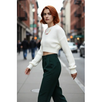 Kadın Ekru Basic Regular Kalıp Uzun Kollu Düşük Kol Triko Kazak Günlük Rahat Şıklık İçin Kaliteli