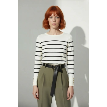 Kadın Ekru Çizgili Bisiklet Yaka Fitted Kesim İnce Triko Kazak İlkbahar Sonbahar Şıklığı Kaliteli