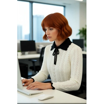 Kadın Ekru İnce Triko Kazak Ajurlu Desenli Polo Yaka Kurdele Fiyonklu Basic Crop Modeli Kaliteli