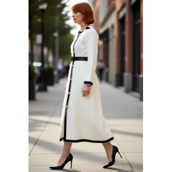 Kadın Ekru Kemerli Ceket Yaka Düz Uzun Kollu Triko Maxi Elbise Akrilik Kış Koleksiyonu Şıklığı