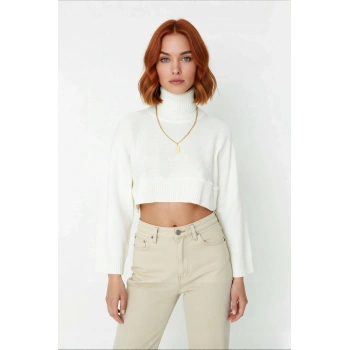 Kadın Ekru Oversize Dik Yaka Triko Kazak Basic Düşük Kol Uzun Boy Kışlık Günlük Şıklık Kaliteli