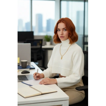 Kadın Ekru Oversize Süper Crop Dik Yaka Triko Kazak Düşük Kol Kışlık Güncel Moda Trendi Kaliteli