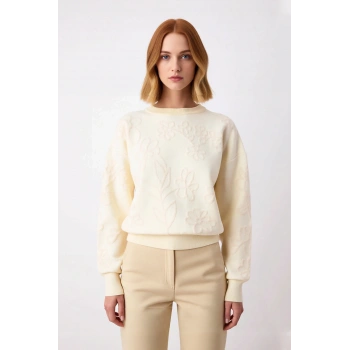 Kadın Ekru Regular Kalıp Bisiklet Yaka Çiçek Desenli Düşük Kol Triko Kışlık Kazak Günlük Şıklık İçin