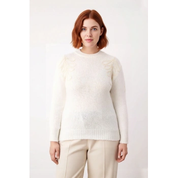 Kadın Ekru Regular Kalıp Çiçekli Desen Bisiklet Yaka Düşük Kol Triko Kazak Kış Şıklığı Kaliteli