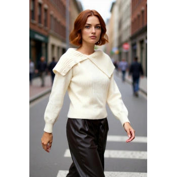 Kadın Ekru Regular Kalıp Devrik Yakalı Akrilik Triko Kazak Kışlık Günlük Şık Ve Rahat Giyim