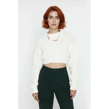 Kadın Ekru Regular Kalıp Düşük Kol Bisiklet Yaka Super Crop Basic Triko Kazak Günlük Şıklık