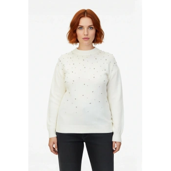 Kadın Ekru Regular Kalıp Trok Detaylı Düşük Kollu Bisiklet Yaka Orta Kalın Triko Kazak Kışlık