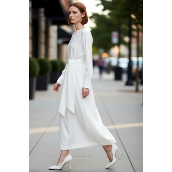 Kadın Ekru Shift Kalıp Kuşaklı Maxi Boy Bisiklet Yaka Uzun Kol Dokuma Keten Aerobin Elbise Şıklık