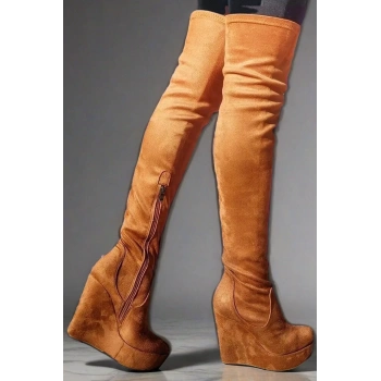 Kadın Elegant Ayakkabı Dolgu Topuk Diz Üstü Streç Çizme Özel Tasarım Abiye Ayakkabı