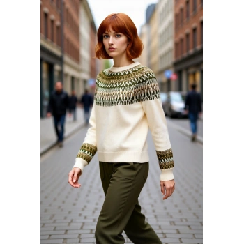 Kadın Etnik Desenli Bisiklet Yaka Regular Kalıp Triko Kazak Soğuk Havalarda Konforlu ve Şık Seçim