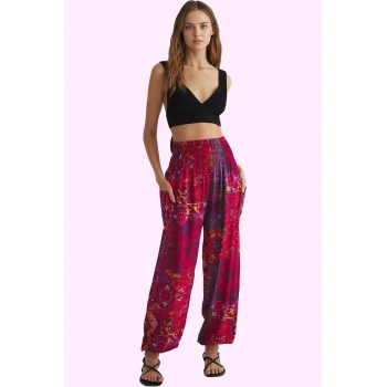 Kadın Etnik Desenli Lastikli Paça Şalvar Pantolon Yüksek Bel Viskoz Günlük Kullanım Hafta Sonu