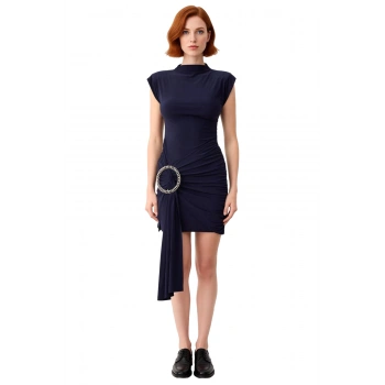 Kadın Fashion Forward Bodycon Bisiklet Yaka Kısa Kol Aksesuar Detaylı Mini Kokteyl Elbise Kaliteli