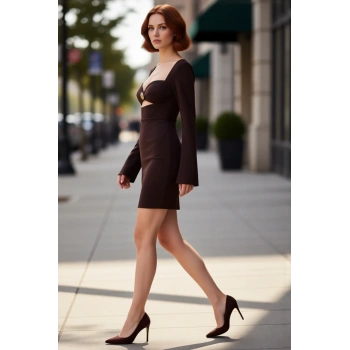 Kadın Fashion Forward Bodycon Kesim Kalp Yaka Uzun Kollu Mini Elbise Şık Kokteyl Davetleri İçin