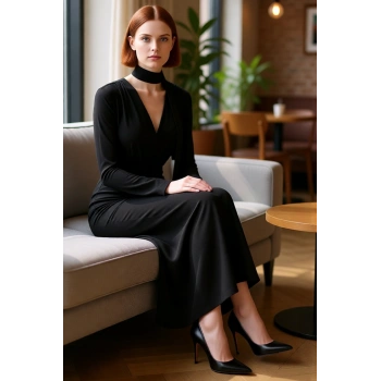 Kadın Fashion Forward Bodycon Kesim V Yaka Kuşak Detaylı Maxi Elbise Kış Şık Ortamlar İçin