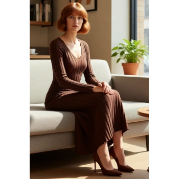 Kadın Fashion Forward Bodycon Uzun Kollu V Yaka Maxi Triko Elbise Gündüz Ve Gece Şıklığı Kaliteli