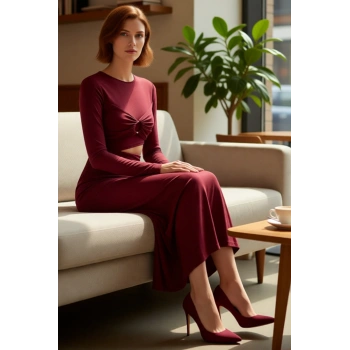 Kadın Fashion Forward Bordo Örme Maxi Elbise Bodycon Kesim Bel Detaylı Uzun Kollu Zarif Stil