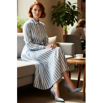 Kadın Fashion Forward Çizgili Dokuma Gömlek Yaka Kuşaklı Fırfırlı Etekli Maxi Elbise İlkbahar