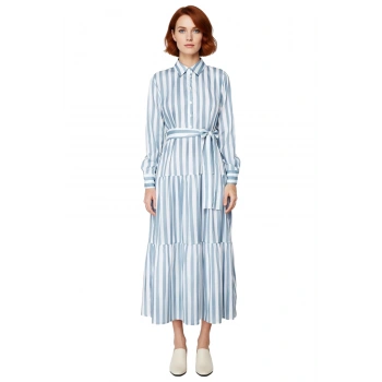 Kadın Fashion Forward Çizgili Dokuma Gömlek Yaka Kuşaklı Fırfırlı Etekli Maxi Elbise İlkbahar