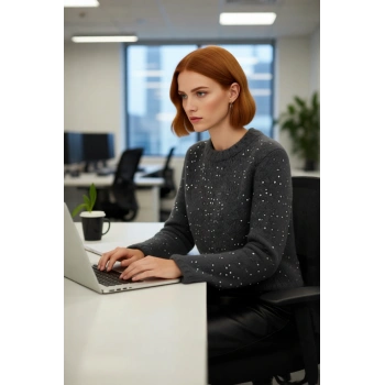 Kadın Fashion Forward Crop Pul Payetli Bisiklet Yaka Regular Fit Orta Kalın Triko Kazak Kaliteli