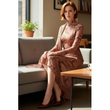 Kadın Fashion Forward Dik Yaka Uzun Kollu Skater Maxi Elbise Tül Örme Kışlık Özel Davetlere Uyumlu