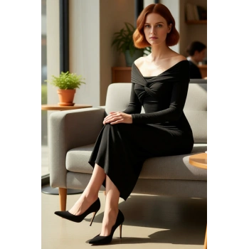 Kadın Fashion Forward Düz Desen Uzun Kollu Bodycon Örme Midi Elbise Özel Günlerin Vazgeçilmezi