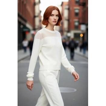 Kadın Fashion Forward İnce Triko Kazak Transparan Renk Bloklu Bisiklet Yaka Bahar Zarafeti