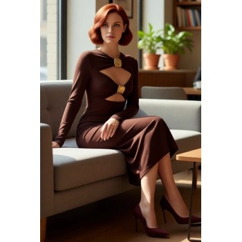 Kadın Fashion Forward Kahverengi Bodycone Uzun Kollu Sandy Örme Elbise Kokteyl Partiler İçin İdeal