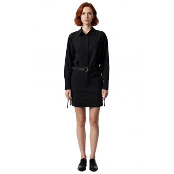 Kadın Fashion Forward Siyah Kemer Tokalı Mini Gömlek Elbise Uzun Yarasa Kol Kış Modası Kaliteli