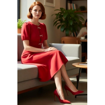 Kadın Fashion Forward Skater Midi Bisiklet Yaka Balon Kol Fiyonklu Örme Kokteyl Elbisesi Kaliteli