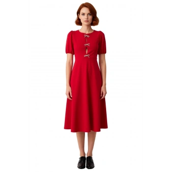 Kadın Fashion Forward Skater Midi Bisiklet Yaka Balon Kol Fiyonklu Örme Kokteyl Elbisesi Kaliteli