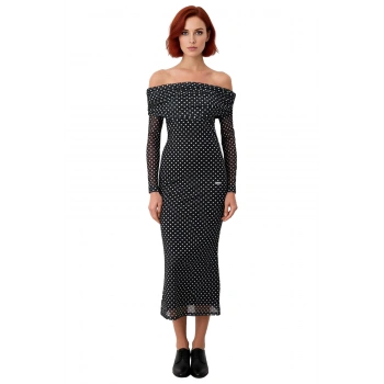 Kadın Fashion Forward Stilde Balık Siluet Uzun Kollu Puantiyeli Tül Abiye Elbise Kış Akşamları.