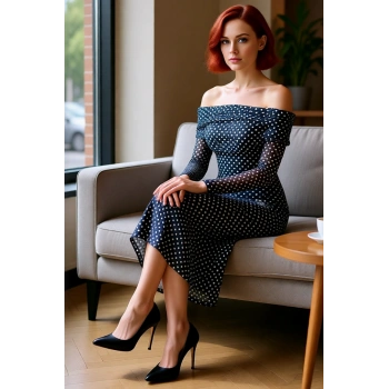 Kadın Fashion Forward Stilde Balık Siluet Uzun Kollu Puantiyeli Tül Abiye Elbise Kış Akşamları.