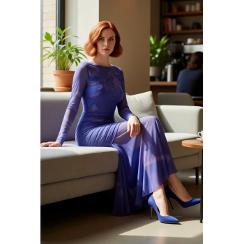 Kadın Fashion Forward Tül Örme Balık Kesim Uzun Kol Abiye Maxi Gece Elbisesi Şık Ortam Kaliteli