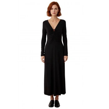 Kadın Fashion Forward V Yaka Büzgülü Uzun Kollu Maxi Elbise Gündüzden Geceye Esnek Şıklık Kaliteli