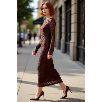 Kadın Feminine Bodycon Kayık Yaka Maxi Uzun Kol Astarlı Dantel Örme Şık Gece Elbisesi Kaliteli