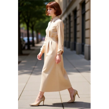Kadın Fermuar Detaylı Gabardin A Line Maxi Elbise Gömlek Yaka Uzun Kol Kış Günlük Şıklık Kaliteli