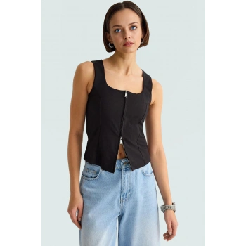 Kadın Fermuarlı Kolsuz Fitted Bluz Günlük Şık Tasarım Zarifane Profesyonel Görünüm