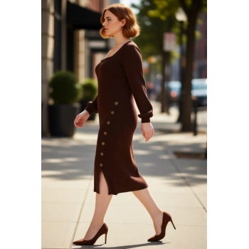 Kadın Fitilli Bodycon Midi Triko Elbise Uzun Kollu Kare Yaka Düğme Detaylı Yırtmaçlı Kaliteli